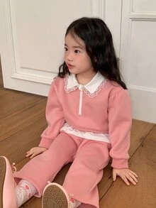 DAZY Infant/Toddler (Girl) Collared Long Sleeve Autumn/Winter Korean Style Colorblock Sweatshirt Set - Pink - View 6