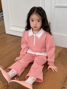 DAZY Infant/Toddler (Girl) Collared Long Sleeve Autumn/Winter Korean Style Colorblock Sweatshirt Set - Pink - View 4