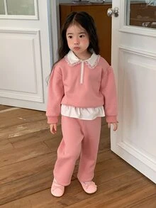 DAZY Infant/Toddler (Girl) Collared Long Sleeve Autumn/Winter Korean Style Colorblock Sweatshirt Set - Pink - View 1