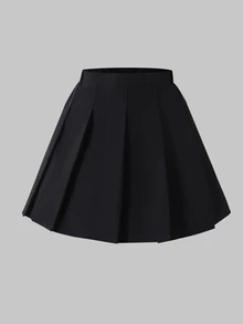 SHEIN Sweetra Young 女童百褶高腰裙褲，內建短褲 2 合 1 裙褲，黑色，夏季休閒校園返校穿搭，四季百搭網球風服飾 - 黑色 - 查看 4