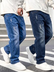 SHEIN Tween Boy Denim Jeans, Fall, 2 Pieces Set In Multiple Colors, Distressed Ripped, Tapered Fit, Soft Cotton Denim Fabric, School Holiday, Casual - Multicolor - View 2