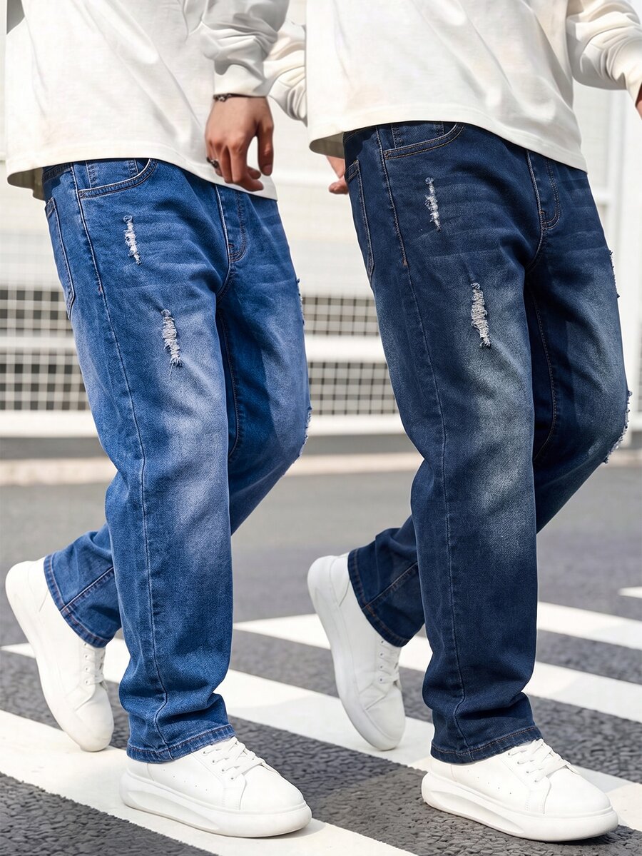 SHEIN Tween Boy Denim Jeans, Fall, 2 Pieces Set In Multiple Colors, Distressed Ripped, Tapered Fit, Soft Cotton Denim Fabric, School Holiday, Casual