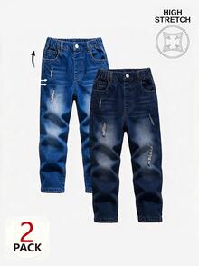 SHEIN Tween Boy Denim Jeans, Fall, 2 Pieces Set In Multiple Colors, Distressed Ripped, Tapered Fit, Soft Cotton Denim Fabric, School Holiday, Casual - Multicolor - View 8