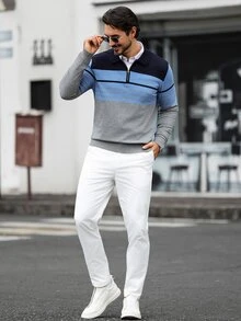 Manfinity Homme 男士秋冬條紋拉鍊半開襟長袖針織衫，Ins風，魅力派對，街頭成熟，寬鬆版型，正式 - 彩色 - 查看 4