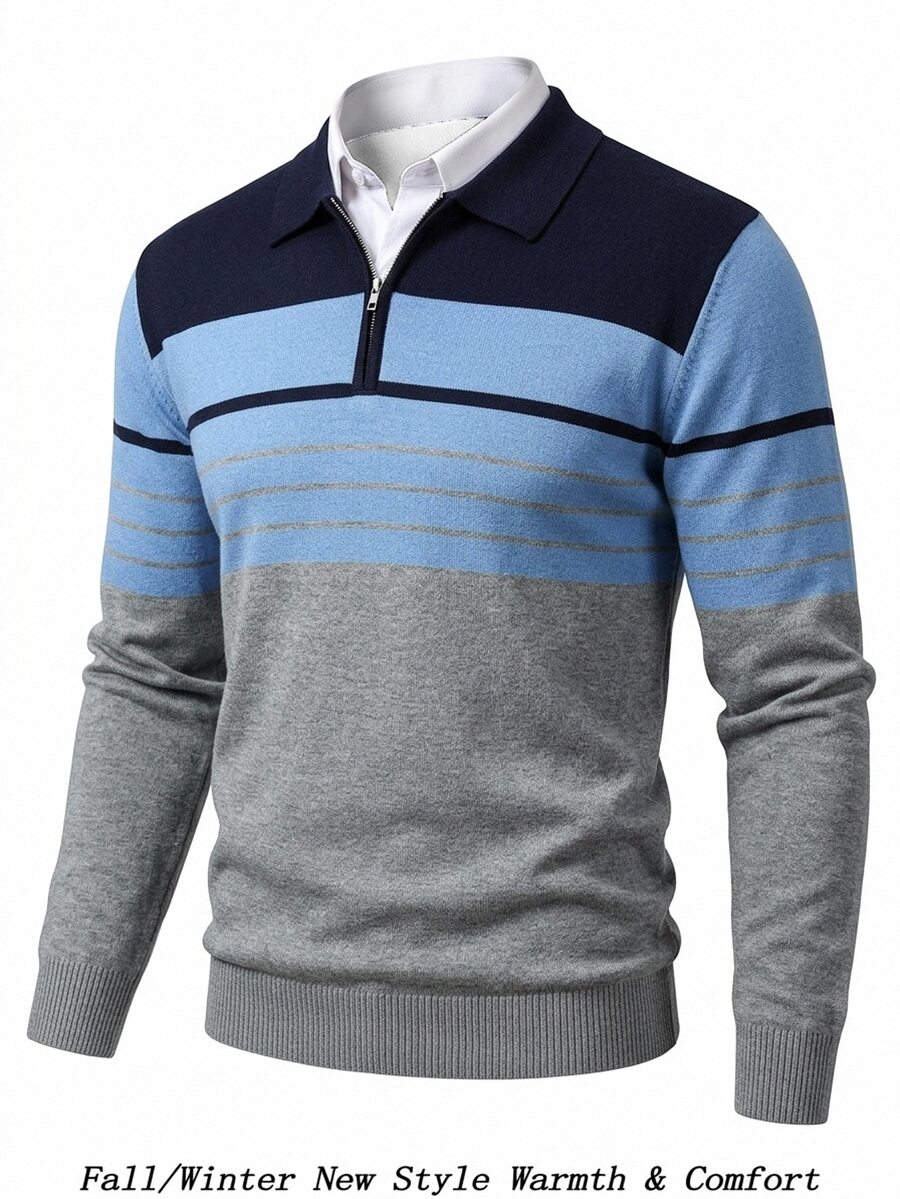 Manfinity Homme Men's Autumn/Winter Striped Zip-Up Half-Placket Long Sleeve Sweater,Ins Style, Glamorous Party, Street Mature, Loose Fit Sweater Autumn, Formal - Multicolor - View 1