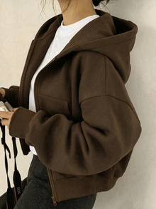 SHEIN 青少年女孩長袖抓絨內裡純色棕色夾克，萬聖節冬季風格，可愛寬鬆街頭穿搭 - 棕色 - 查看 1