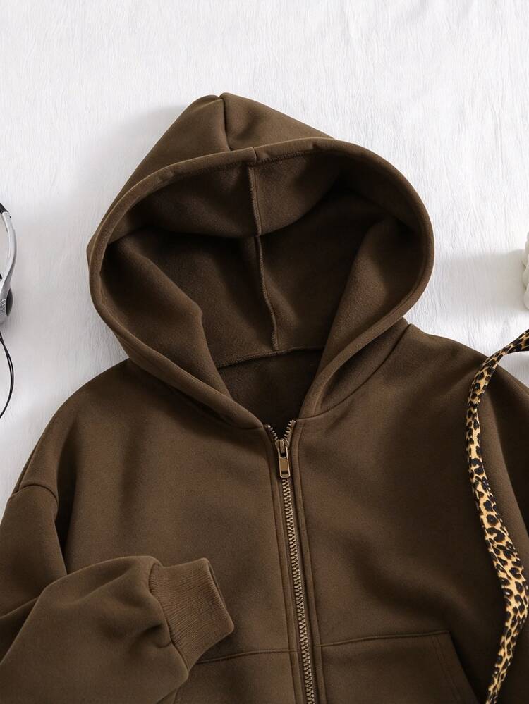 SHEIN Teen Girl Long Sleeve Fleece Lined Solid Color Brown Jacket Halloween Winter Style Work Streetwear Cute Baggy Baggy - Brown - View 4