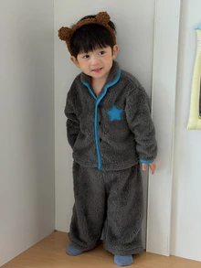 DAZY Infant/Toddler (Boy) Turn-Down Collar Fleece-Feel Autumn/Winter Color-Block 2 Pieces Loungewear Set - Dark Grey - View 5