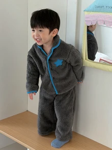 DAZY Infant/Toddler (Boy) Turn-Down Collar Fleece-Feel Autumn/Winter Color-Block 2 Pieces Loungewear Set - Dark Grey - View 8