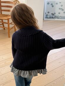 Hapijoa 少女秋季拼接撞色蕾絲飾邊修身長袖圓領抽繩繫帶休閒開襟衫 - 藏蓝色 - 查看 4