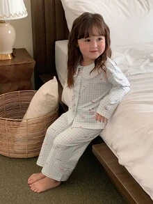 DAZY Infant (Girl) Plaid Lapel Long Sleeve 2 Pieces Set Loungewear - Blue and White - View 3