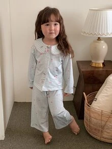 DAZY Infant (Girl) Plaid Lapel Long Sleeve 2 Pieces Set Loungewear - Blue and White - View 6
