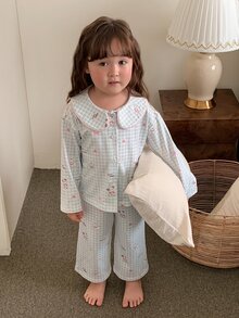 DAZY Infant (Girl) Plaid Lapel Long Sleeve 2 Pieces Set Loungewear - Blue and White - View 1
