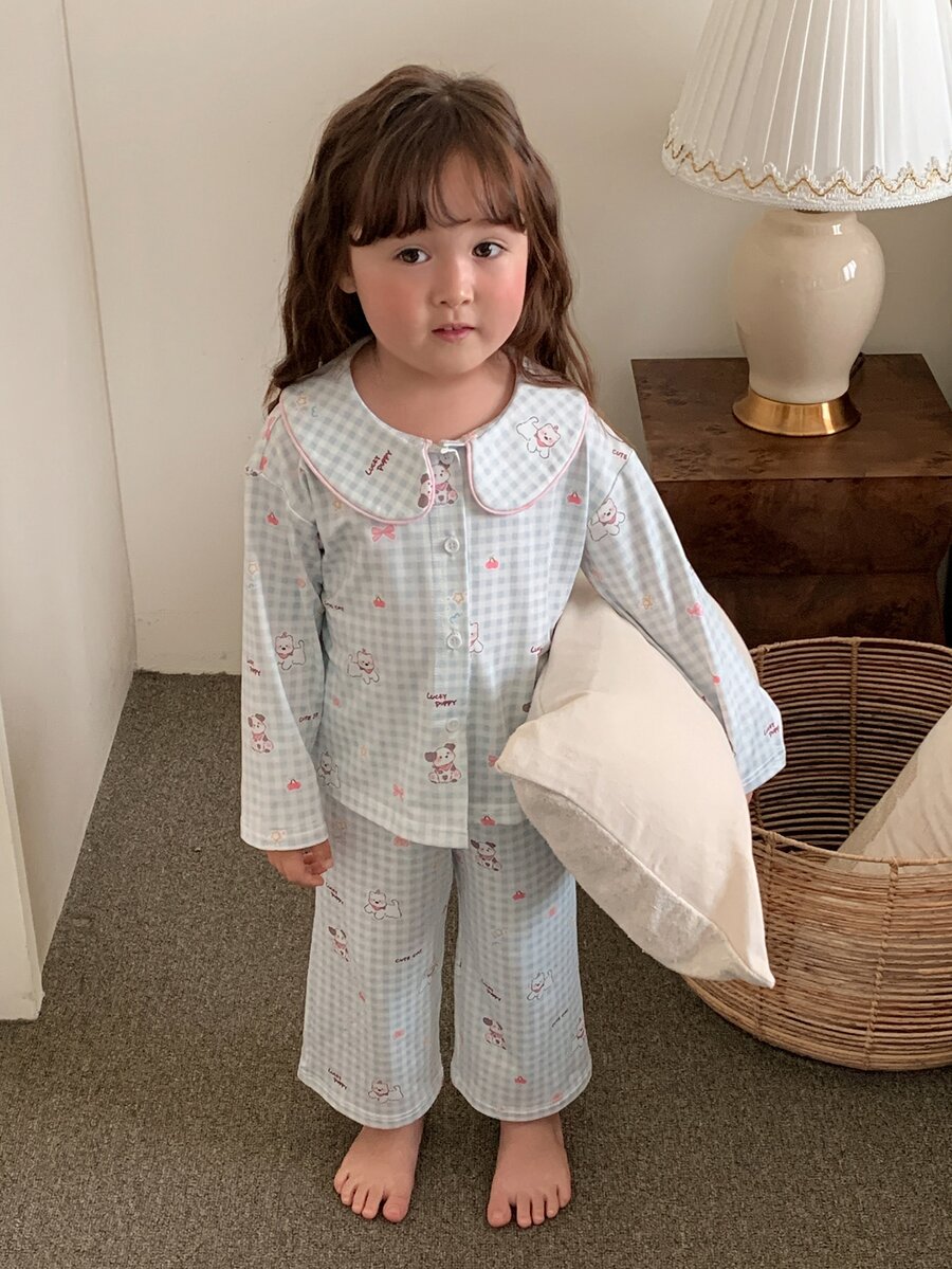 DAZY Infant (Girl) Plaid Lapel Long Sleeve 2 Pieces Set Loungewear - Blue and White - View 1
