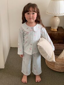 DAZY Infant (Girl) Plaid Lapel Long Sleeve 2 Pieces Set Loungewear - Blue and White - View 4