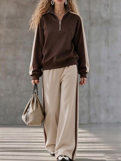 LUMIGAL Deep Brown & Light Khaki Casual Top + Pants 2 Pieces Set, AB Colorblock Circle Sweatshirt 2 Pieces Set, Stand Collar Metal Half-Zip Colorblock Raglan Sweatshirt With Side Stripe Wide Leg Pants Set, Korean Minimalist Casual Style, Vintage Relaxed Sporty Style, Daily Lazy Commute Style, Home Leisure, Campus Commute, Outdoor Shopping, Short Trip Travel