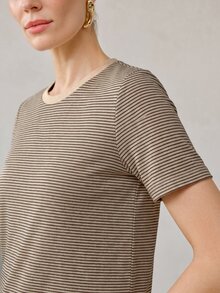 MOTF PREMIUM WOMEN'S SUMMER ALL-MATCH ROUND NECK SHORT SLEEVE T-SHIRT, CONTRAST COLOR CASUAL VERSATILE STRIPED BLOUSE - Mocha Brown - View 6