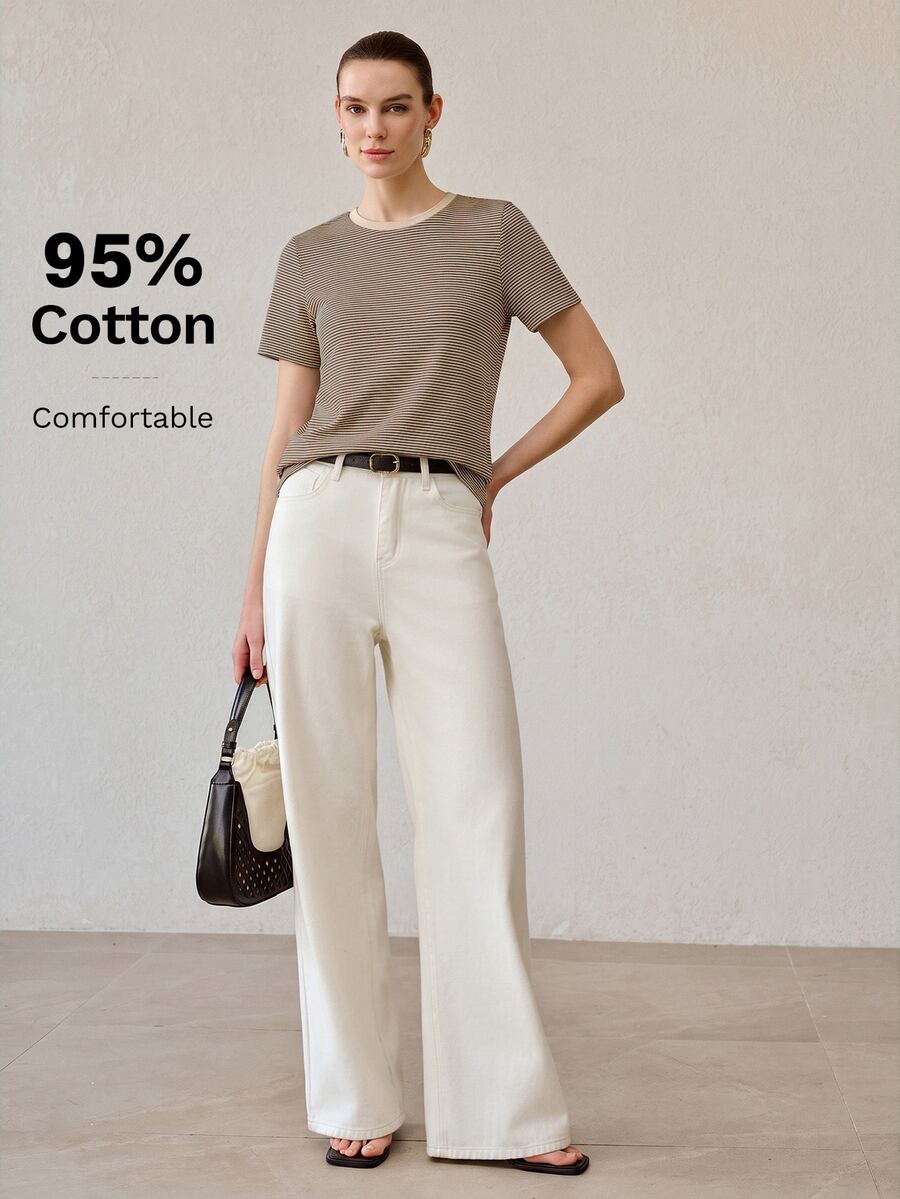 MOTF PREMIUM WOMEN'S SUMMER ALL-MATCH ROUND NECK SHORT SLEEVE T-SHIRT, CONTRAST COLOR CASUAL VERSATILE STRIPED BLOUSE - Mocha Brown - View 1