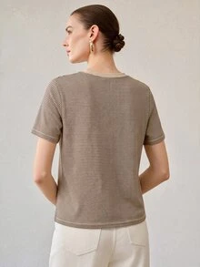 MOTF PREMIUM WOMEN'S SUMMER ALL-MATCH ROUND NECK SHORT SLEEVE T-SHIRT, CONTRAST COLOR CASUAL VERSATILE STRIPED BLOUSE - Mocha Brown - View 2