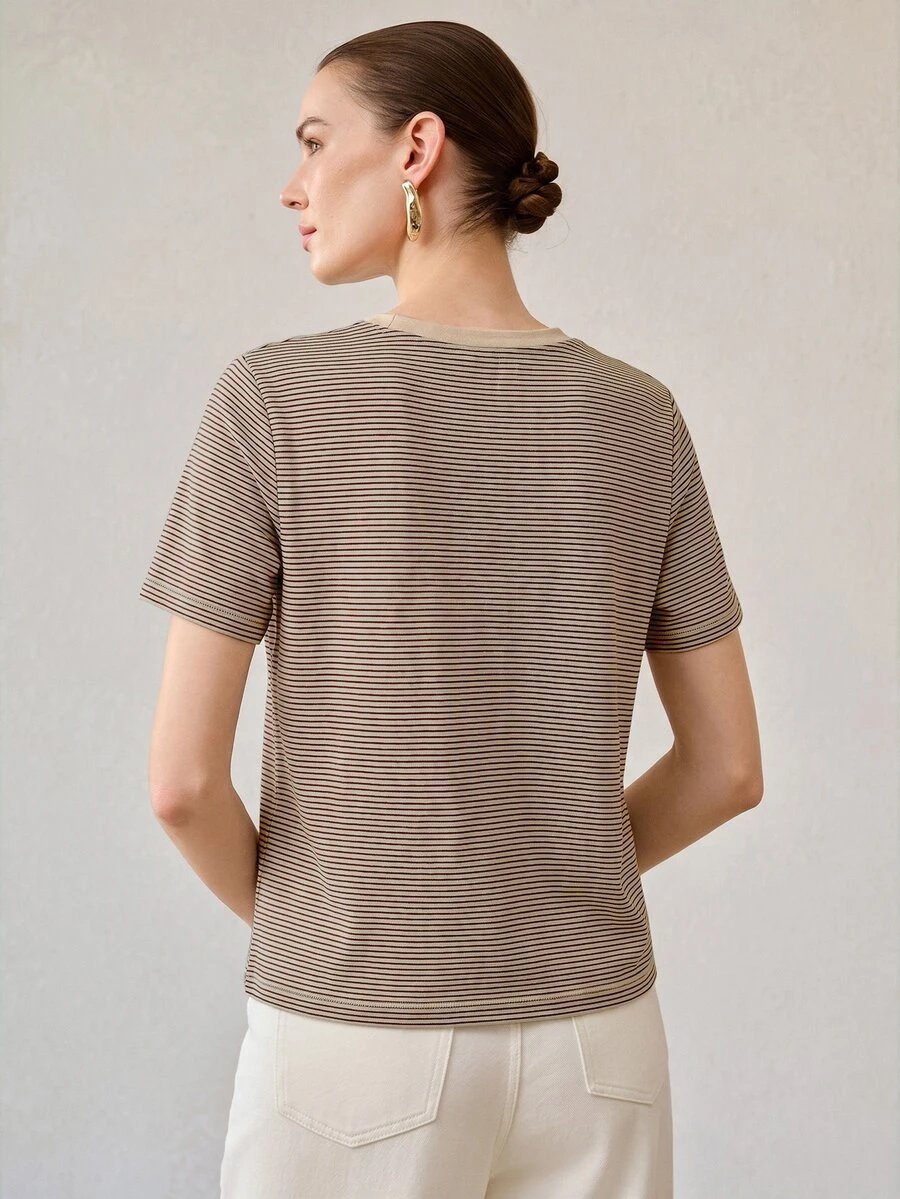 MOTF PREMIUM WOMEN'S SUMMER ALL-MATCH ROUND NECK SHORT SLEEVE T-SHIRT, CONTRAST COLOR CASUAL VERSATILE STRIPED TOP - Mocha Brown - View 2