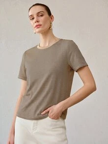MOTF PREMIUM WOMEN'S SUMMER ALL-MATCH ROUND NECK SHORT SLEEVE T-SHIRT, CONTRAST COLOR CASUAL VERSATILE STRIPED BLOUSE - Mocha Brown - View 4