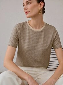 MOTF PREMIUM WOMEN'S SUMMER ALL-MATCH ROUND NECK SHORT SLEEVE T-SHIRT, CONTRAST COLOR CASUAL VERSATILE STRIPED BLOUSE - Mocha Brown - View 3