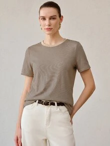 MOTF PREMIUM WOMEN'S SUMMER ALL-MATCH ROUND NECK SHORT SLEEVE T-SHIRT, CONTRAST COLOR CASUAL VERSATILE STRIPED BLOUSE - Mocha Brown - View 5