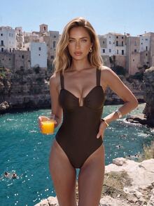 SHEIN Swim 女士纯色高开叉性感连体泳衣，海滩度假 - 棕色 - 查看 1