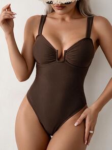 SHEIN Swim 女士纯色高开叉性感连体泳衣，海滩度假 - 棕色 - 查看 6