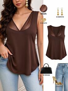 EMERY ROSE Atasan Tanpa Lengan Wanita Ukuran Plus Elegan untuk Pesta, Seksi, Melangsingkan, Pas Badan, Kasual, Minimalis, Serbaguna untuk Perjalanan Sehari-hari, Desain Leher V dengan Patchwork Jala - Coklat - View 3