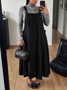 POPSWAY Plus Size Women's Solid Color Pocket Design Adjustable Casual Overall Dress - Black - View 4