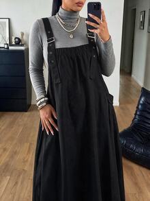 POPSWAY Plus Size Women's Solid Color Pocket Design Adjustable Casual Overall Dress - Black - View 7