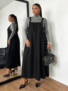 POPSWAY Plus Size Women's Solid Color Pocket Design Adjustable Casual Overall Dress - Black - View 6