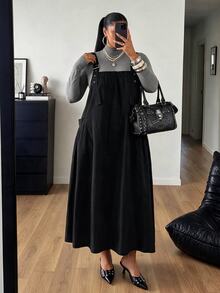 POPSWAY Plus Size Women's Solid Color Pocket Design Adjustable Casual Overall Dress - Black - View 3