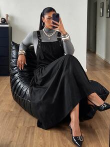 POPSWAY Plus Size Women's Solid Color Pocket Design Adjustable Casual Overall Dress - Black - View 5
