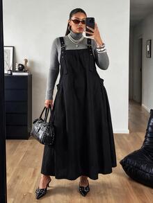 POPSWAY Plus Size Women's Solid Color Pocket Design Adjustable Casual Overall Dress - Black - View 1