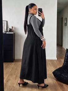 POPSWAY Plus Size Women's Solid Color Pocket Design Adjustable Casual Overall Dress - Black - View 2
