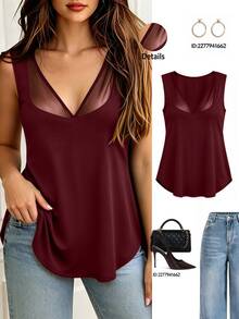 EMERY ROSE Tank Top Wanita Plus Size Elegan untuk Pesta, Seksi, Slimming, Fit, Kasual Minimalis, Serbaguna untuk Ngantor dan Harian, Desain Kerah V dengan Patchwork Mesh, Tanpa Lengan - Burgundy - View 8
