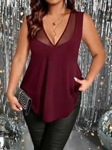 EMERY ROSE Tank Top Wanita Plus Size Elegan untuk Pesta, Seksi, Slimming, Fit, Kasual Minimalis, Serbaguna untuk Ngantor dan Harian, Desain Kerah V dengan Patchwork Mesh, Tanpa Lengan - Burgundy - View 6