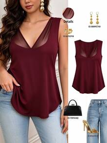 EMERY ROSE Tank Top Wanita Plus Size Elegan untuk Pesta, Seksi, Slimming, Fit, Kasual Minimalis, Serbaguna untuk Ngantor dan Harian, Desain Kerah V dengan Patchwork Mesh, Tanpa Lengan - Burgundy - View 3