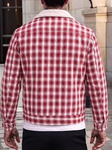 Manfinity CasualCool 2026 Fall Winter Buffalo Plaid Trucker Jacket With Fleece Lining, Retro Casual 80s 90s Red White Check Coat For Work, Holiday & Christmas - Multicolor - View 2
