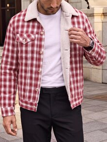 Manfinity CasualCool 2026 Fall Winter Buffalo Plaid Trucker Jacket With Fleece Lining, Retro Casual 80s 90s Red White Check Coat For Work, Holiday & Christmas - Multicolor - View 3