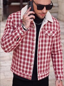 Manfinity CasualCool 2026 Fall Winter Buffalo Plaid Trucker Jacket With Fleece Lining, Retro Casual 80s 90s Red White Check Coat For Work, Holiday & Christmas - Multicolor - View 1
