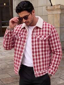Manfinity CasualCool 2026 Fall Winter Buffalo Plaid Trucker Jacket With Fleece Lining, Retro Casual 80s 90s Red White Check Coat For Work, Holiday & Christmas - Multicolor - View 5