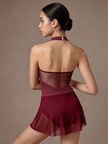 SHEIN 2pcs/Set Girls Ballet Performance Costume, Elegant Stand Collar Jumpsuit With Tulle Skirt, Suitable For School Performance, Dance Training, Competition, All Seasons, Back To School College - Burgundy - View 2