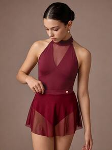 SHEIN 2pcs/Set Girls Ballet Performance Costume, Elegant Stand Collar Jumpsuit With Tulle Skirt, Suitable For School Performance, Dance Training, Competition, All Seasons, Back To School College - Burgundy - View 1