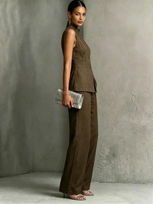 SHEIN LUNE Women's 2pcs Set Round Neck Short Sleeve Casual Fashion Contrast Color Loose Wide Leg Pants - Coffee Brown - View 4