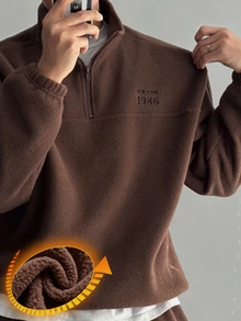 DAZY Setelan Sweatshirt Pullover Pria Motif Musim Gugur/Dingin dengan Bordir Huruf dan Resleting Setengah Terbuka, Dilengkapi Celana Olahraga, Terbuat dari Kain Fleece, Bordir Huruf, dan Celana Olahraga. - Coklat - View 5