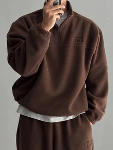 DAZY Setelan Sweatshirt Pullover Pria Motif Musim Gugur/Dingin dengan Bordir Huruf dan Resleting Setengah Terbuka, Dilengkapi Celana Olahraga, Terbuat dari Kain Fleece, Bordir Huruf, dan Celana Olahraga. - Coklat - View 6