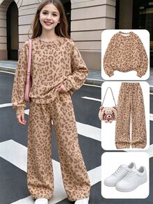 SHEIN Tween Girls 1 Set Fall Leopard Print Sweatshirt & Pants Set, Comfortable Casual Autumn Daily Outfit - Khaki - View 3